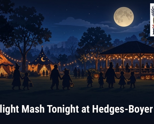 Fostoria News People enjoying a moonlit evening at Hedges-Boyer Park with tents and lanterns.